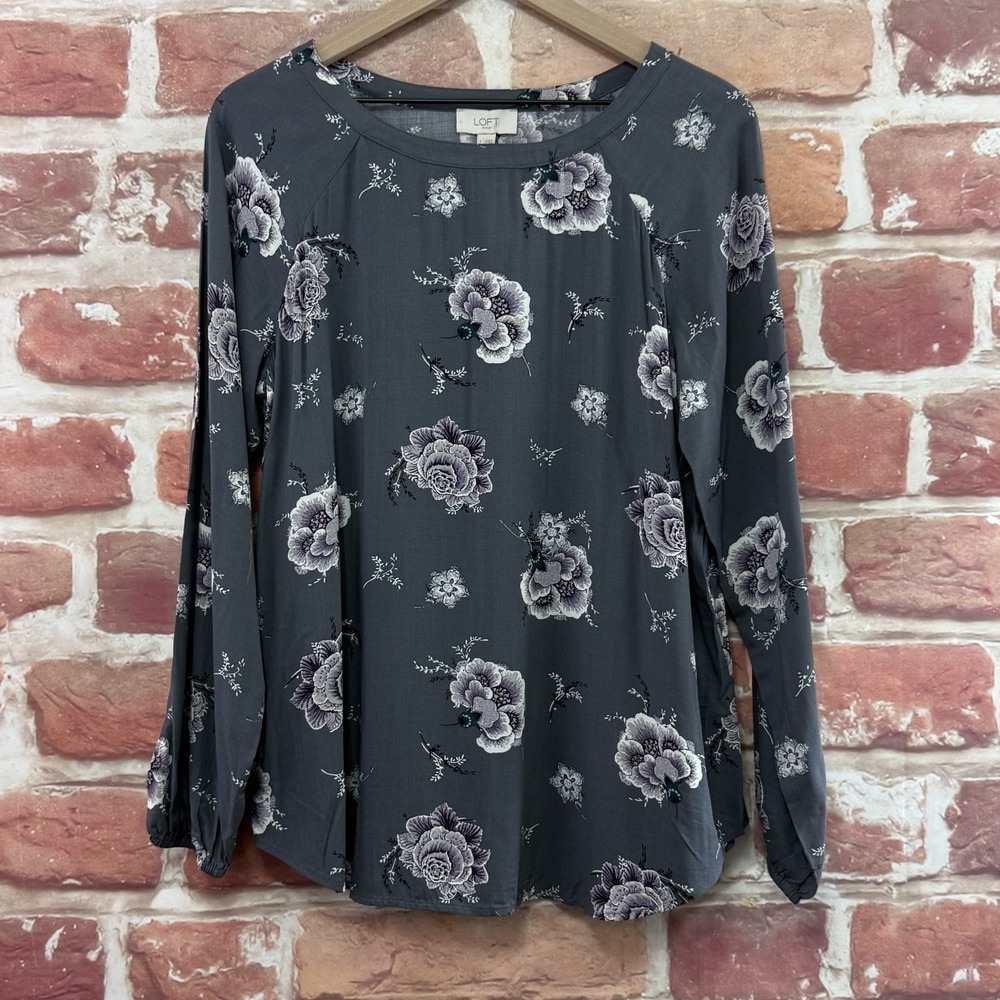 Ann Taylor Top Women's Medium Gray Multicolor Garden Floral Shirt